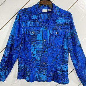 Chico's Women's Button Up Shirt Jacket Size 0 Small Royal Blue Black Soft Rayon
